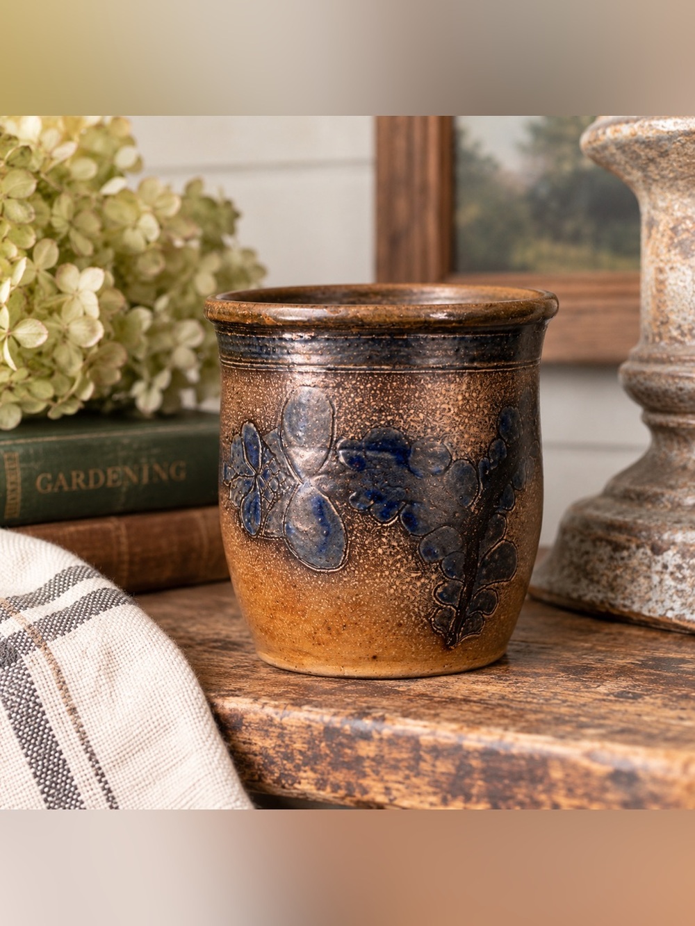 Vintage 1975 Cooksburg Pottery Stoneware Crock Vase Blue Leaf Signed